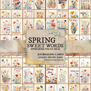 WAARDEDEAL - Lente ATC Sweet Words - 8 pagina's met 64 journaling-kaarten botanisch levendig efemere schriften junkdagboek plakboek bloemen
