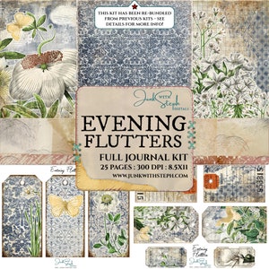 Wieczorne trzepotanie - KOMPLETNY ZESTAW DO DZIENNIKA - Bardzo szczegółowe tło Vintage Blue Botanical Damask Navy Textured Mixed Media Pattern Junk Journal