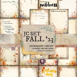 Ensemble JC d'automne - 15 pages de cartes de journalisation avec des mots floraux, des portraits de style antique d'automne, des carnets de scrapbooking éphémères vintage