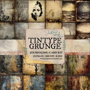 May include: A collage of vintage-style journaling cards with a grunge aesthetic. The cards feature distressed textures, faded colors, and images of a woman's face, landscapes, and abstract patterns. The central card reads "TINTYPE GRUNGE".
