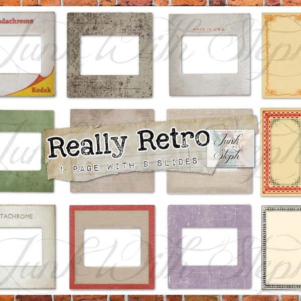 Really Retro - 1 Page filled with 9 vintage photo slides, kodak photos, old school, 3 labels retro style office ephemera