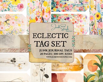 Eclectic Mixed Media Tag Set - 20 Pages of Tags, HIGHLY DETAILED Boho Floral Junk Journal Ephemera Botanical Animal Plant Flower Vintage Fun