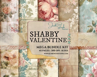 Shabby Valentine - MEGA PAPER PACK, 45 Pages - Floral Rustic Valentine Fussy Cut Ephemera Textured and Patterned Mixed Media Backgrounds