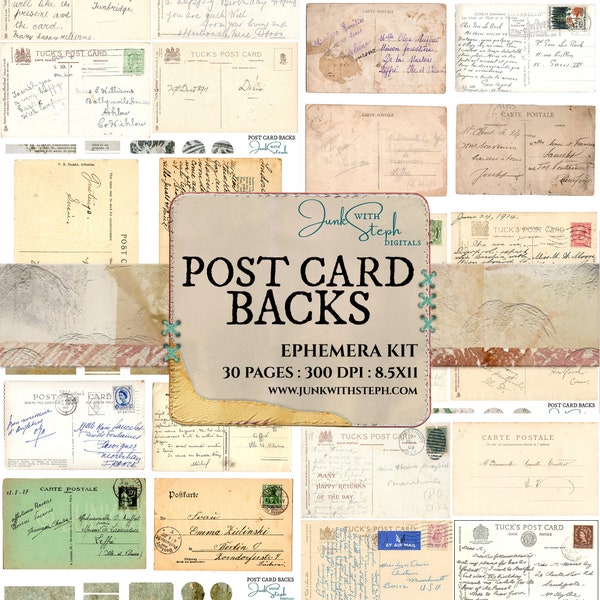 Post Card Backs - 30 pages with over 100 GENUINE OLD VINTAGE post card backs and labels vintage scans grunge Junk Journal Scrapbook script