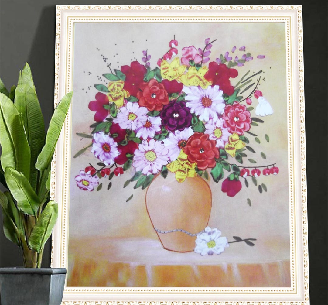 Completed Ribbon Embroidery Floral Vase Art Wall Hanging Decor ...