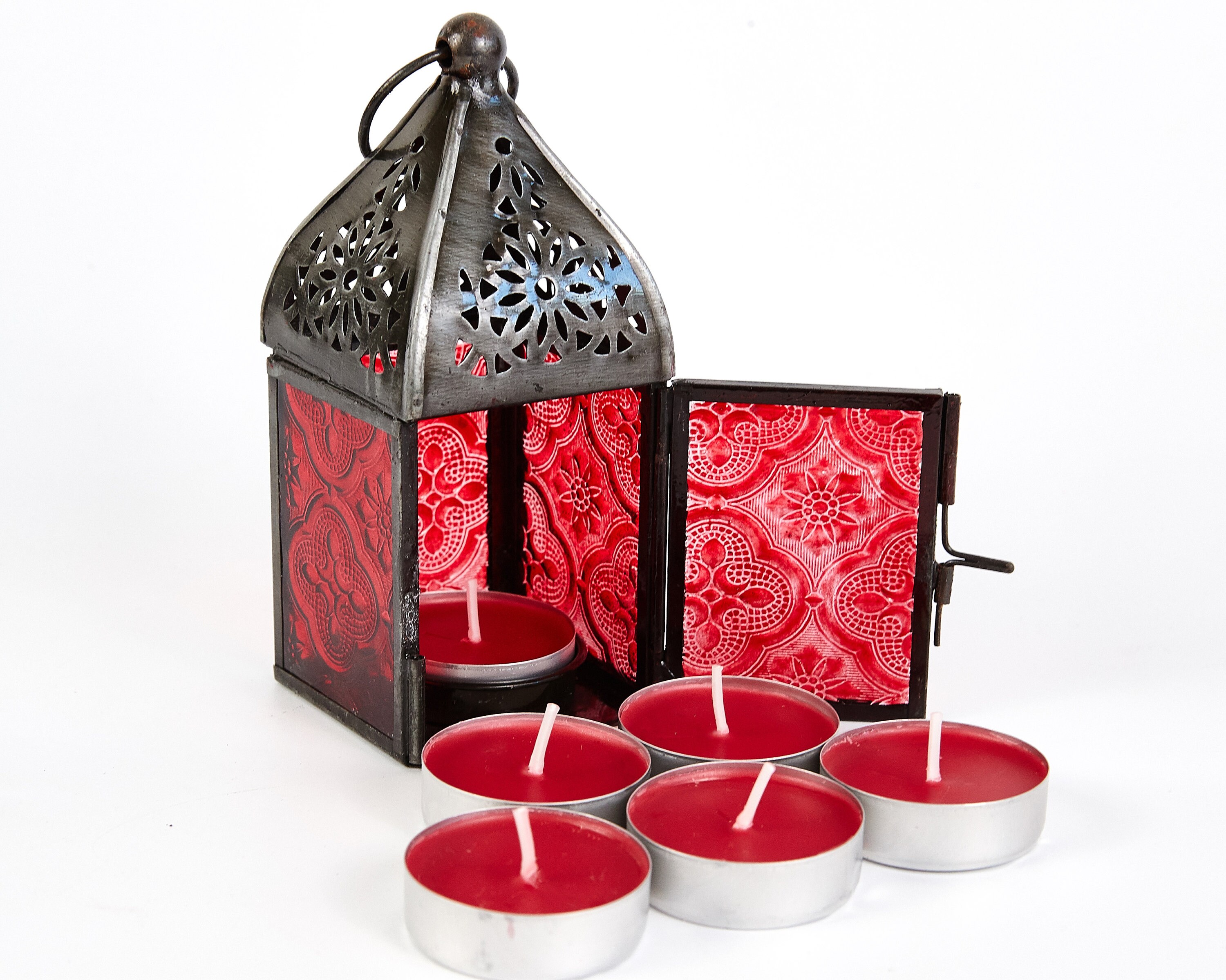 Lantern Tea Light Candle Holder Red Glass Antique Rustic Etsy