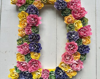 Floral Letter D Monogram Sign | Hand-Dyed Paper Flower Art | Custom Name Initial Decor