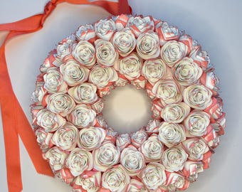 Pink Tulip-Inspired Wreath -Inked Rolled Paper Flowers - 8 Inch