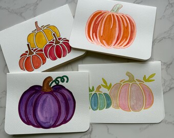 Hand-Painted Watercolor Pumpkin Note Cards - 5x7 Fall Stationery