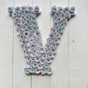 Letter V Monogram - Rolled Flower Design - Shades of Pink and Green