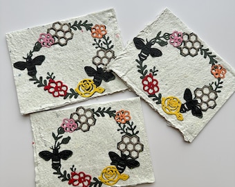 Handmade Paper Bee & Floral Wreath Card Set (Set of 3)