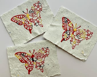 Orange Butterfly & Flower Cards on Handmade Paper (Set of 3)