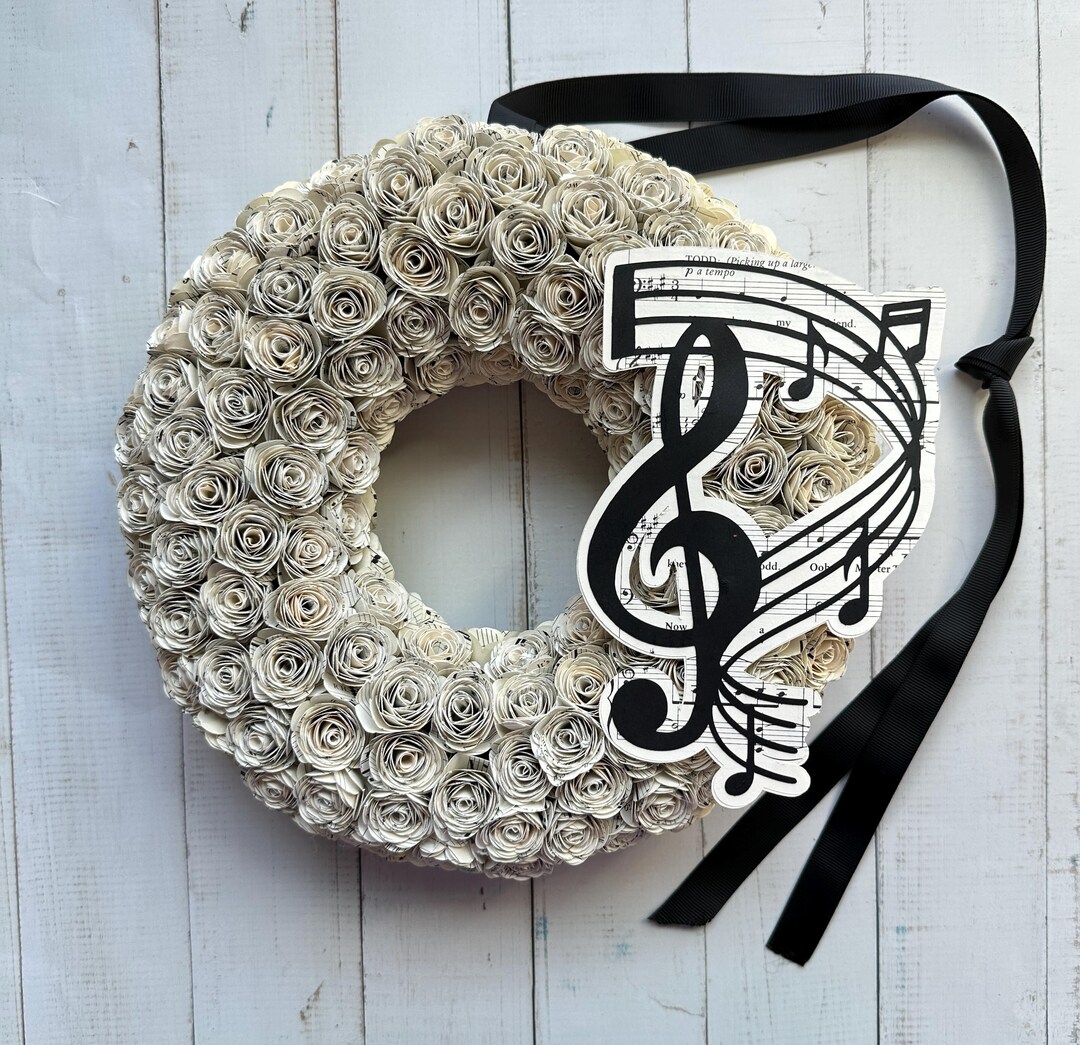 Music Wreath - Recycled Sheet Music - Rolled Black and Cream Rose ...
