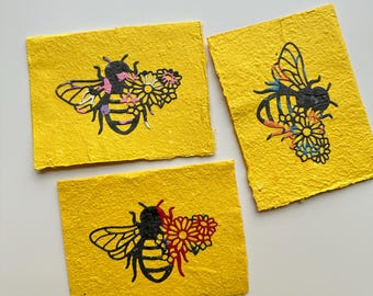 Handmade Paper Bee & Blossom Card | Botanical Spring Greeting | Set of 3