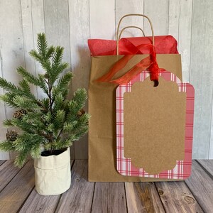 May include: A brown paper gift bag with red tissue paper, a red ribbon, and a scalloped gift tag featuring a red and white plaid border. Next to the bag is a small artificial evergreen tree with pinecones in a plain off-white fabric pot.