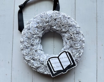 Recycled Book Page Wreath | Library Decor | Paper Flowers | Hanging Literary Gift | 7 inches