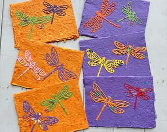 Dragonfly Cards on Handmade Paper - Set of 3 - Recycled Paper