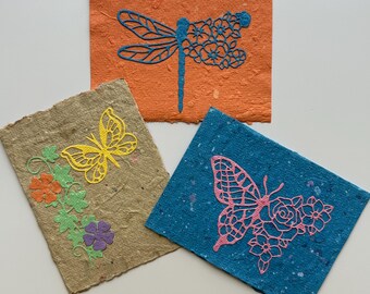 Handmade Paper Insect & Flower Card Set | Bee, Butterfly, Dragonfly | 3-Pack
