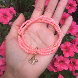 Pink salmon beaded bracelet~ gold lotus charm bracelet~ intention healing jewelry~ spiritual jewelry~ new beginnings bracelet~ positivity