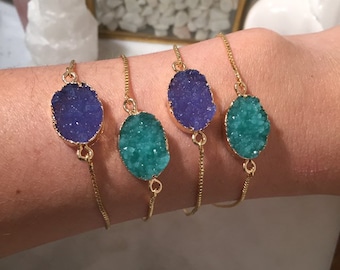 Blue Aqua druzy bracelets ~ adjustable gold slider chain bracelets ~ crystal jewelry ~ womens friend jewelry gift~ summer jewelry