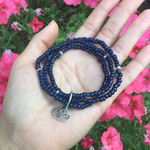 Navy blue beaded bracelet~ silver lotus charm bracelet~ intention healing bracelet~ spiritual jewelry~ new beginnings bracelet~ positivity