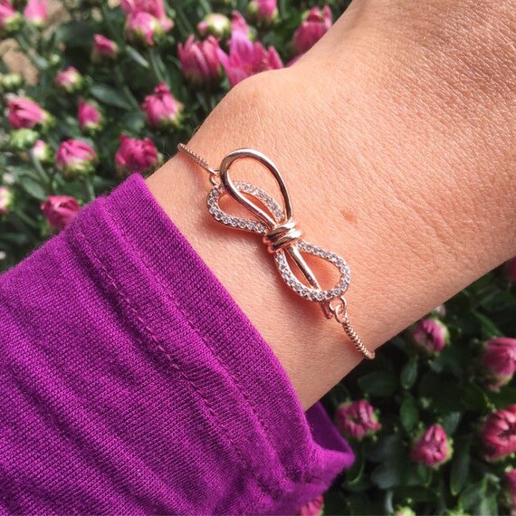 Bracciale con fiocco in zircone - L'amicizia è come un fiocco, braccialetto con catena di perline con fiocco regolabile, braccialetto dell'amicizia con zirconi bianchi e rosa (Bracelet Silver
