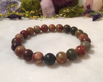 Unisex Picasso jasper beaded bracelet ~ mens bracelets ~ healing crystal intention jewelry