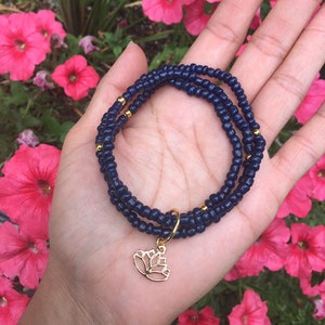 Navy blue beaded beacelet~gold lotus flower charm bracelet~intention healing bracelet~spiritual jewelry~new beginnings bracelet~ positivity