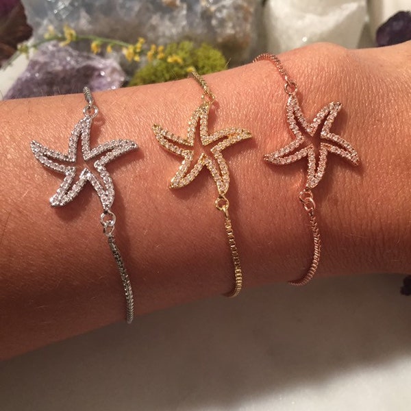 Studded starfish bracelet~ adjustable bracelet~ silver rose gold starfish bracelet~ womens jewelry~ friend gift