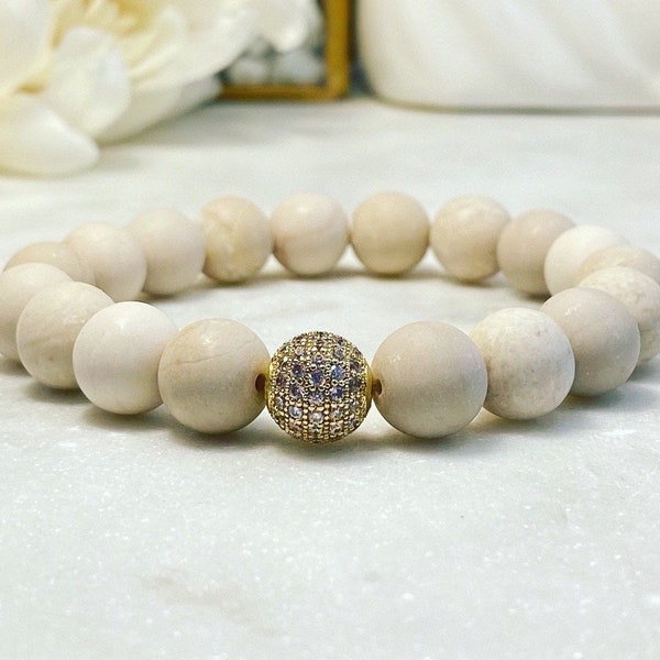 10mm matte river stone beaded stretch bracelet~ gold pave~ crystal healing jewelry~ women’s friend jewelry gift