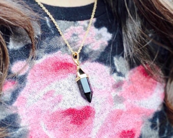 Black onyx Crystal stone point necklace~  pendant necklace ~ gold chain necklaces