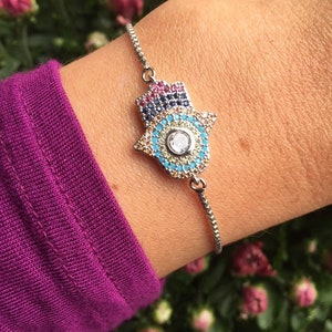 Gold silver hamsa hand bracelet~gold silver adjustable slider chain bracelet~crystal healing spiritual jewelry~womens friend jewelry gift