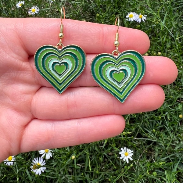 Green Retro Heart Dangle Earrings