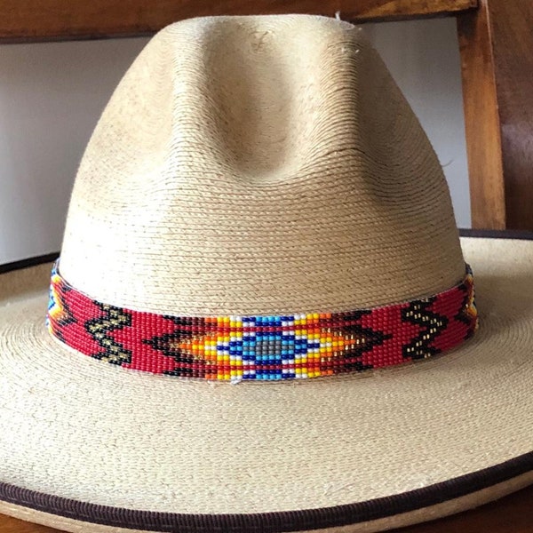 Hat Band, Beaded Hatbands, Cowboy, Western Jewelry, Leather, Aztec Style, Red, multi-color 7/8" X 21"