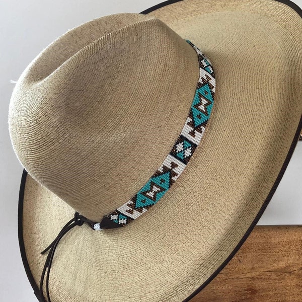 Hat Band, Beaded Hatbands, Cowboy, Western, Leather Ties, Aztec Style, Turquoise, White, and Brown 7/8" X 21", Summer