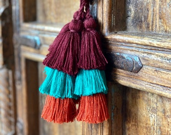 Fall Festive Tassels, Brown, Teal, Orange, Handmade Embellishments, Holiday Party Fringe, 3 Layered Tassel  1.5 x 8 Inches