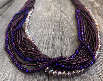 Handmade Beaded Necklace, Purple and Blue, Long, Women's Jewelry, Gift for Her, Multi Strand Elegant Statement Necklace, Dressy and Casual