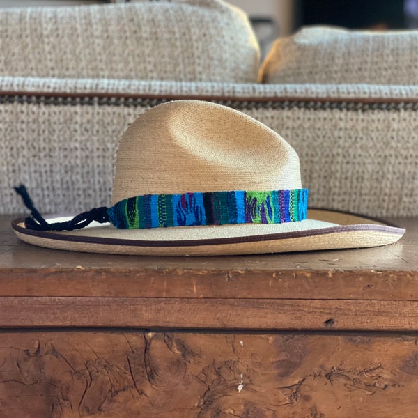 Hatband Handwoven Cotton Wrap Around Tie, Blue, Green, and Purple, Western Guatemala, Cowboy, Headband 21 in. with 8in. braids to tie