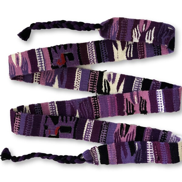 Long Purple Belt, Guatemala Embroidered Textile, Handwoven Belts, Tassel or Hat band Decorations, 45" x 1.5" Slight Variation
