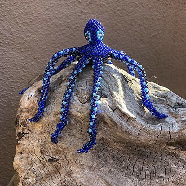 Beaded Octopus Pin Brooch, Handmade Nautical Tree Ornament, Royal Blue, Cute Small Sea Life Creature, Hand Strung Seed Beads