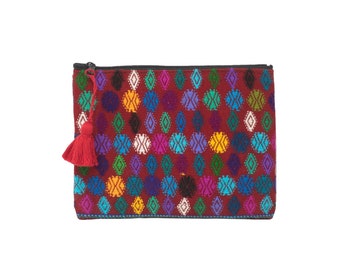 Handwoven Guatemalan Huipil Textiles, Small Zip Purse Clutch, Red with Diamonds Made Huipil & Skirt