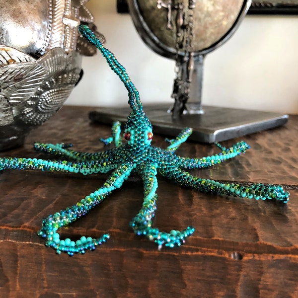 Beaded Hanging Octopus, Handmade Nautical Tree Ornament, Turquoise, Cute Small Sea Life Creature, Key Chain, Key Ring