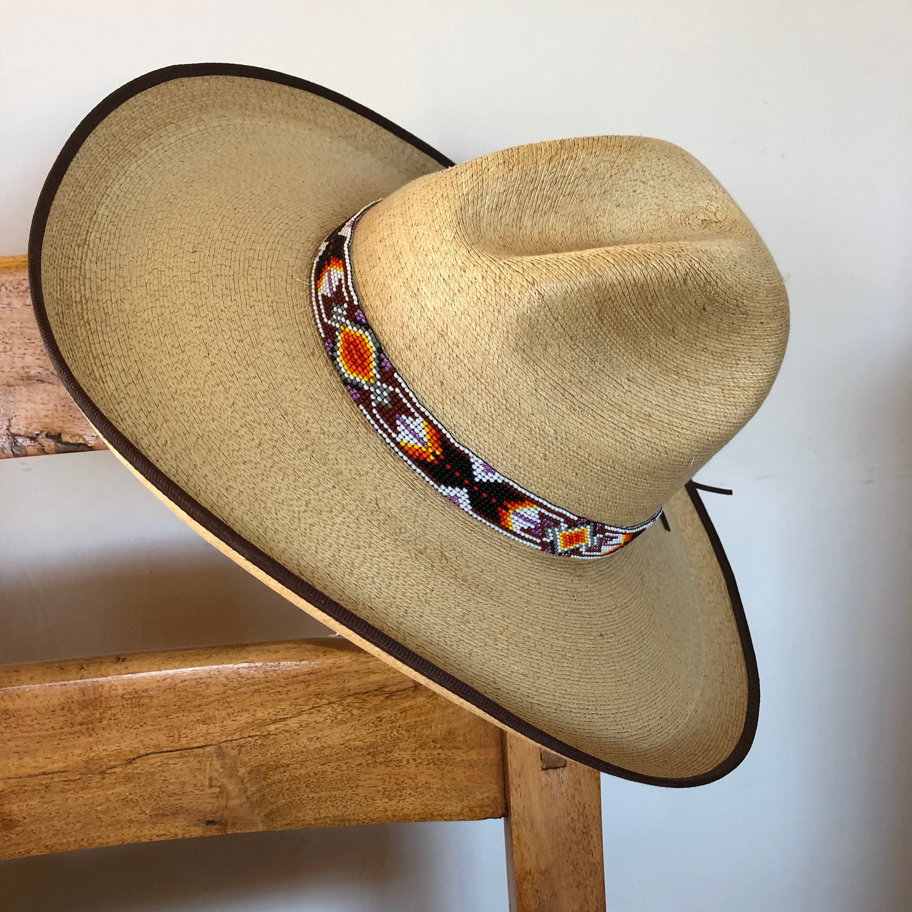 Hat Band, Hatband, Cowboy, Western, Leather, Beaded, Aztec Style, Multi  Colors, Handmade in Guatemala 7/8 X 21 (Hatband 25)