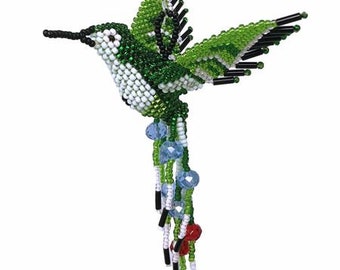 Hummingbird, Beaded Ornamental Figurine, Good Luck Charms, Decorative, Green Tones, Christmas Tree Ornaments, 3" x 5" Key Chain, Key Ring