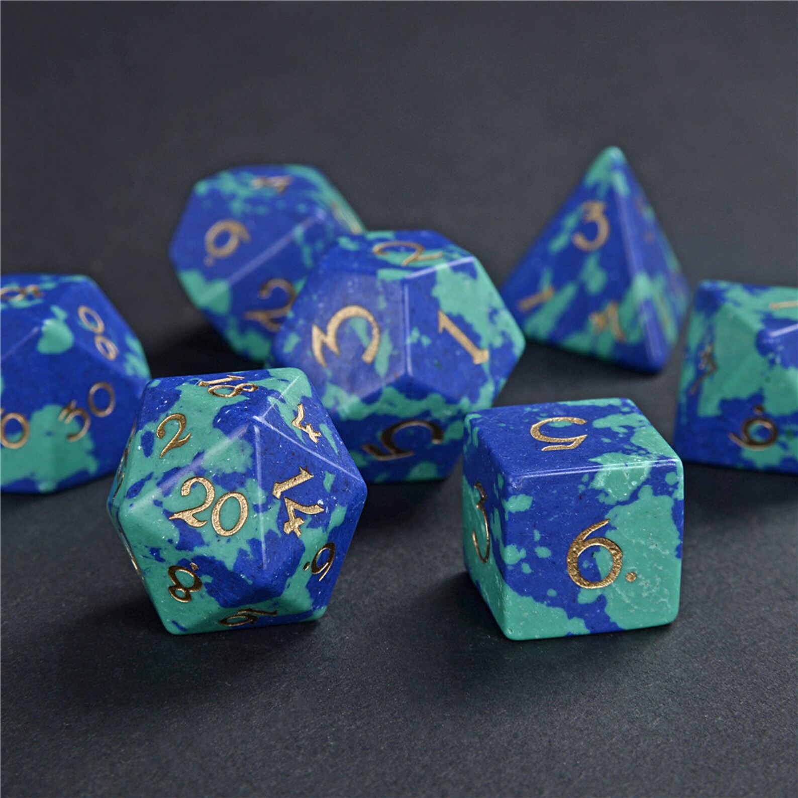 Full Set Phoenix lapis Gemstone Dice Engraved DnD Dice Set Etsy