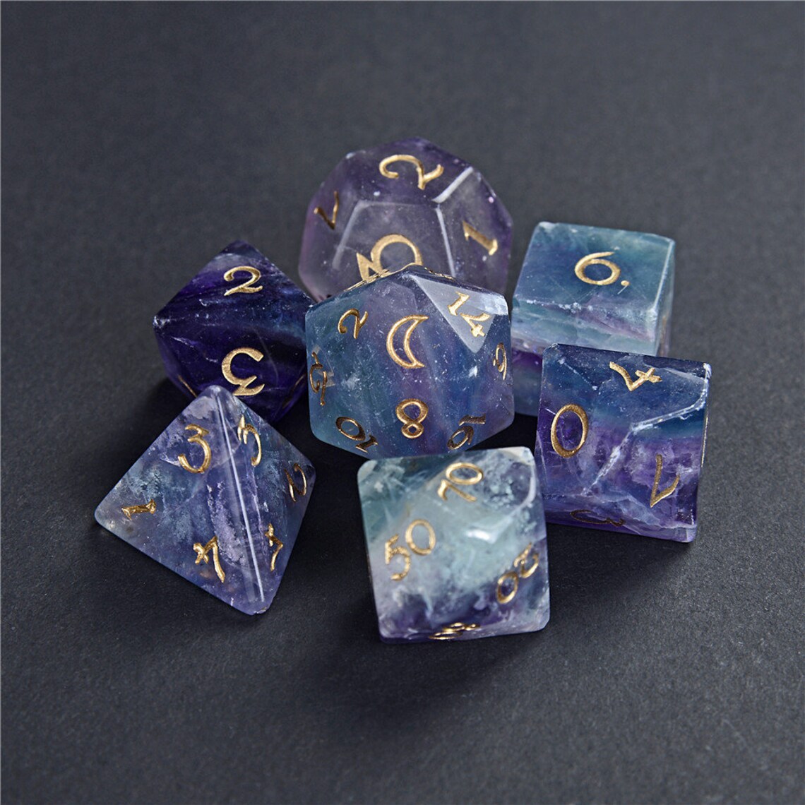 Full set Purple fluorite Gemstone DnD Dice Set Engrave Etsy