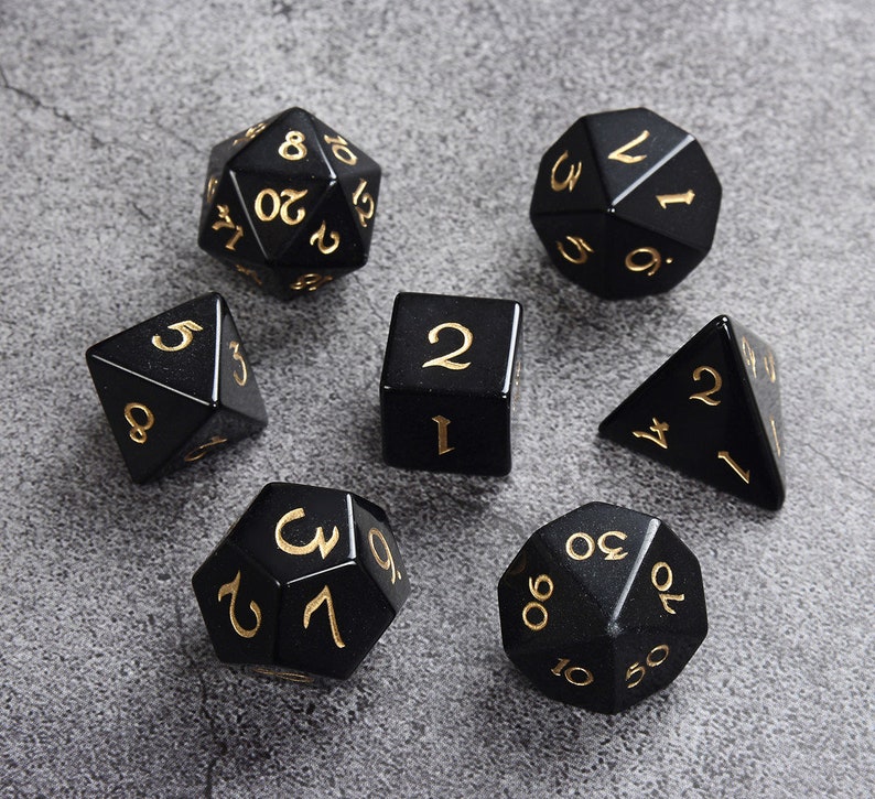Full Set Black Obsidian Gemstone Dice Engraved DnD Dice Set Etsy