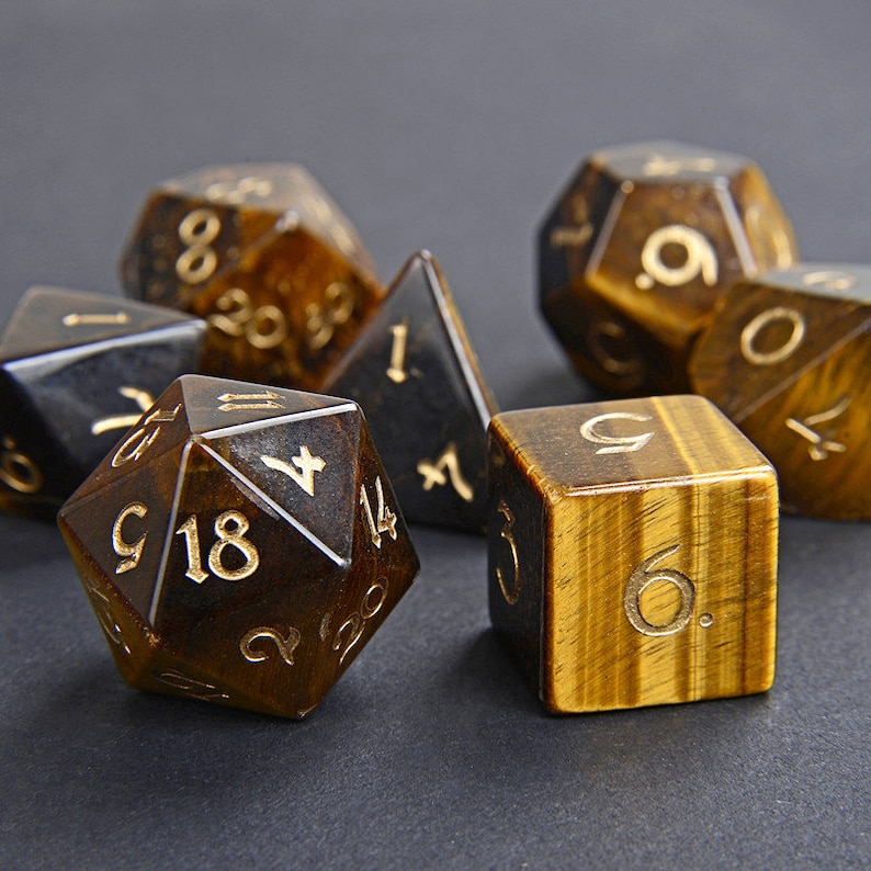 full Set Yellow Tiger Eye Gemstone Dice Engraved DnD Dice Set Stone RPG Dungeons and Dragons Dice Polyhedral Gemstone Dice Set