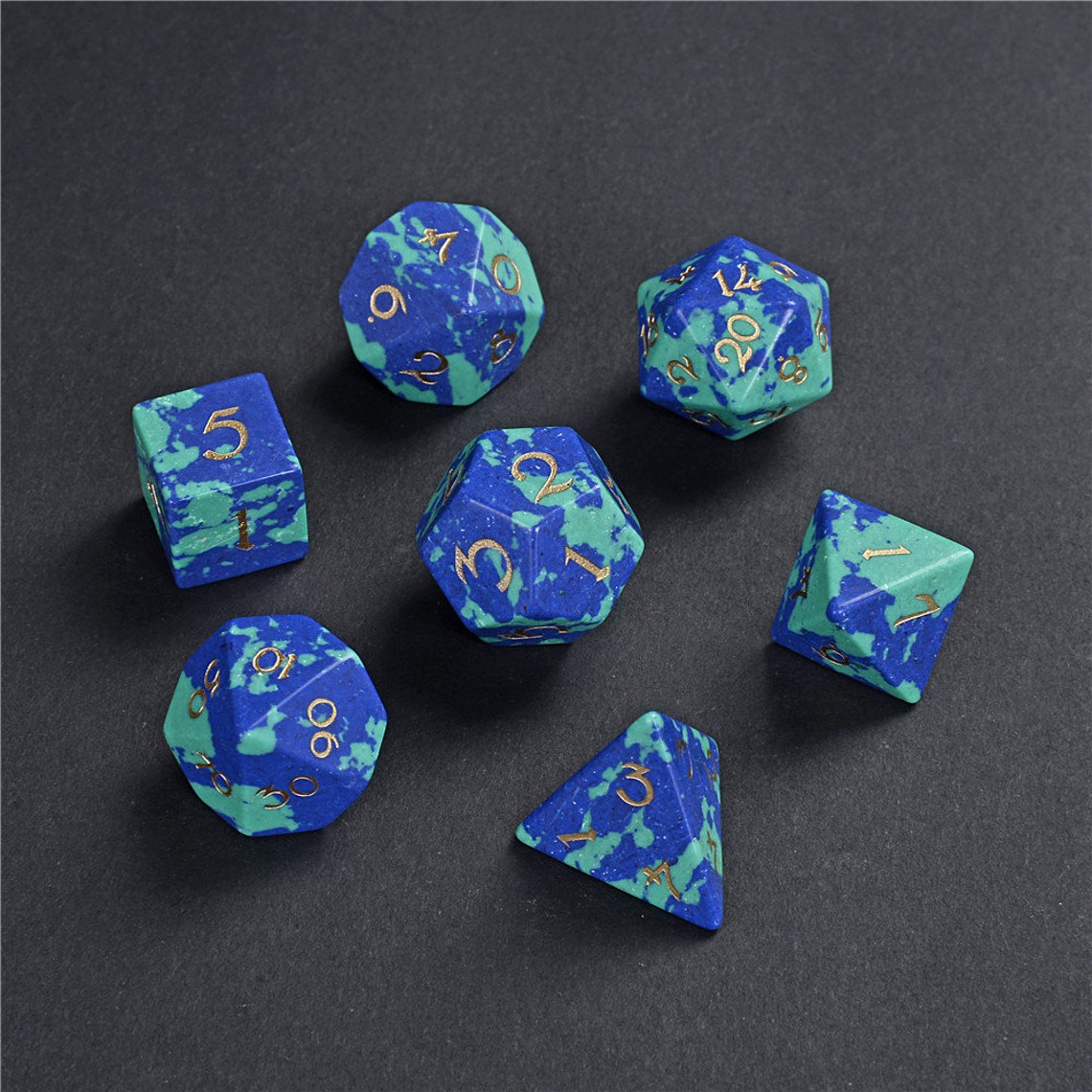 Full Set Phoenix lapis Gemstone Dice Engraved DnD Dice Set Etsy