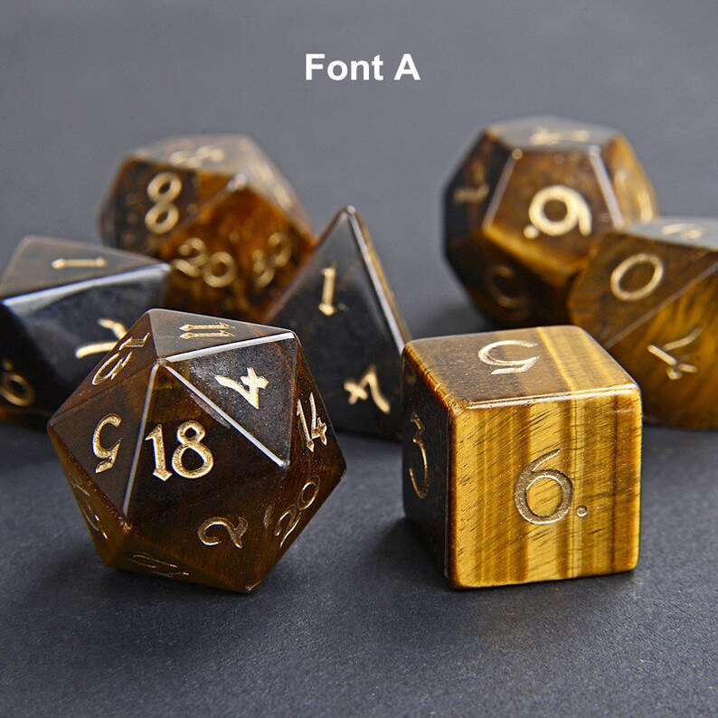 full Set Yellow Tiger Eye Gemstone Dice Engraved DnD Dice Set Stone RPG Dungeons and Dragons Dice Polyhedral Gemstone Dice Set